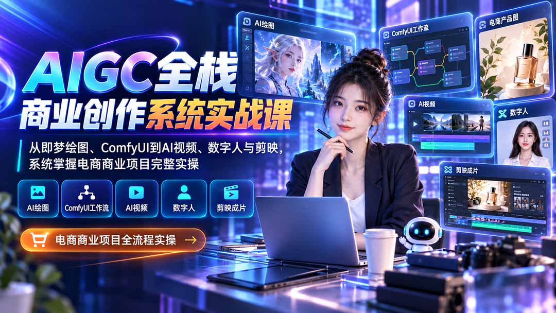 AIGC全栈商业创作系统实战课:从即梦绘图、ComfyUI到AI视频、数字人与剪映,系统掌握电商商业项目完整实操-聚业