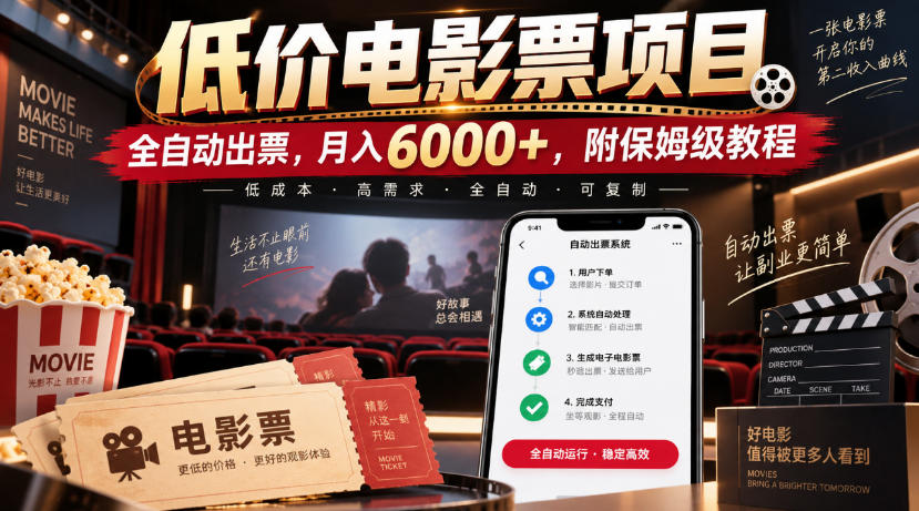 低价电影票项目,全自动出票,月入6000+,附保姆级教程【揭秘】-聚业