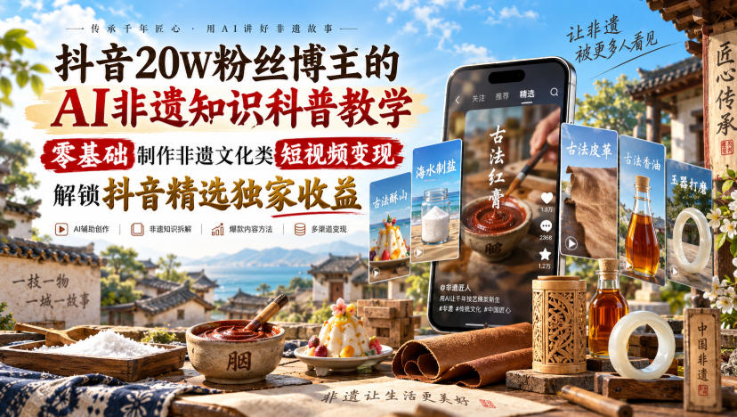 抖音20W粉丝博主的AI非遗知识科普教学,零基础制作非遗文化类短视频变现,解锁抖音精选独家收益-聚业