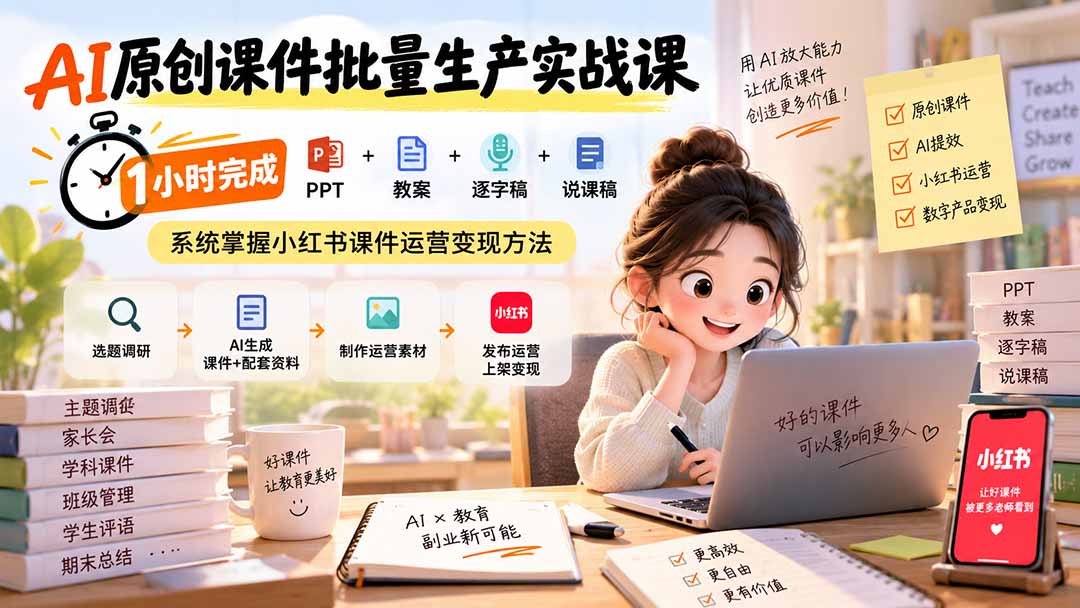 AI原创课件批量生产实战课:1小时完成PPT+教案+逐字稿+说课稿,系统掌握小红书课件运营变现方法-聚业
