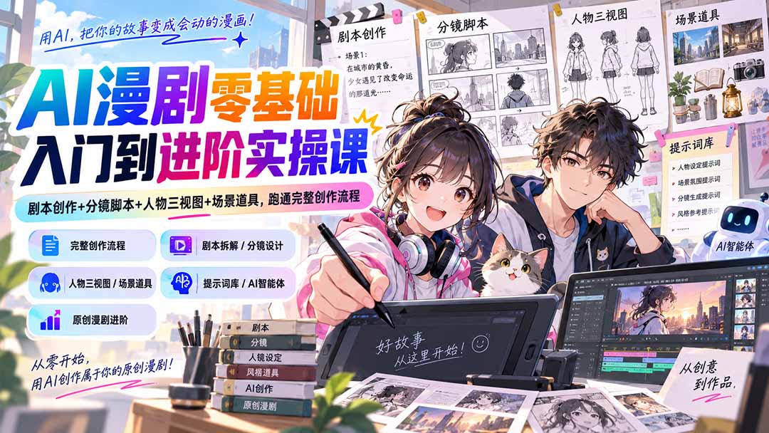 AI漫剧零基础入门到进阶实操课:剧本创作+分镜脚本+人物三视图+场景道具,跑通完整创作流程-聚业