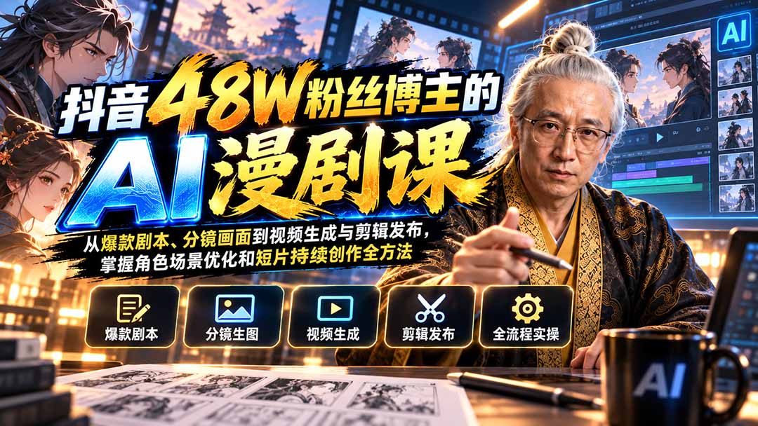 抖音48W粉丝博主的AI漫剧课:从爆款剧本、分镜画面到视频生成与剪辑发布,掌握角色场景优化和短片持续创作全方法-聚业
