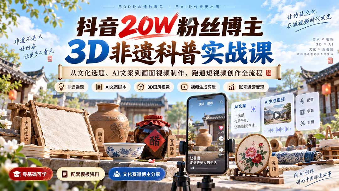 抖音20W粉丝博主3D非遗科普实战课:从文化选题、AI文案到画面视频制作,跑通短视频创作全流程-聚业