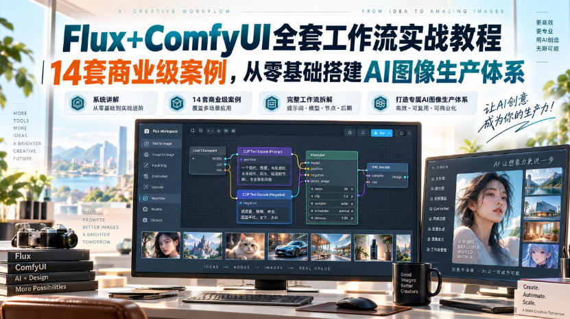 Flux+ComfyUI全套工作流实战教程|14套商业级案例,从零基础搭建AI图像生产体系-聚业