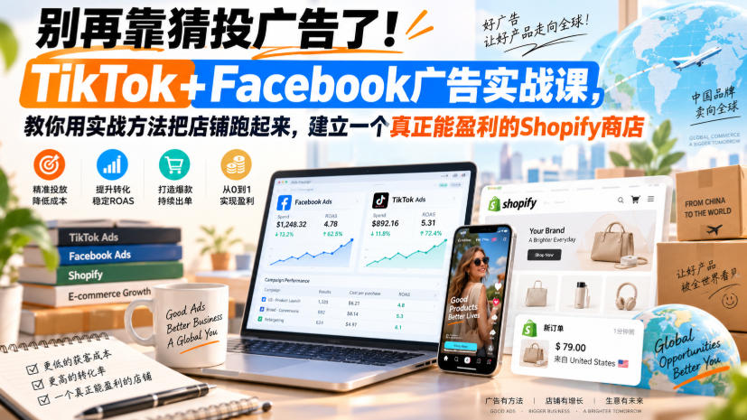 别再靠猜投广告了!TikTok+Facebook广告实战课,教你用实战方法把店铺跑起来,建立一个真正能盈利的Shopify商店【原创双语字幕】-聚业