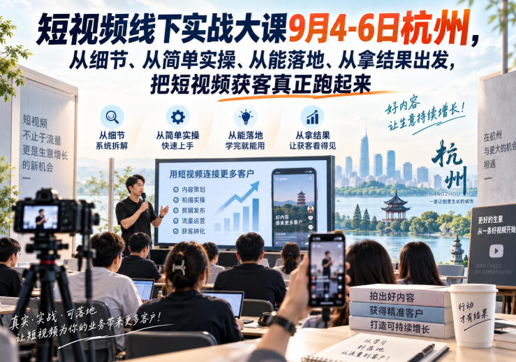 短视频线下实战大课9月4-6日杭州,从细节、从简单实操、从能落地、从拿结果出发,把短视频获客真正跑起来-聚业