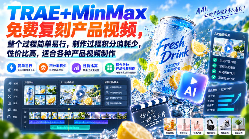 TRAE+MinMax免费复刻产品视频,整个过程简单易行,制作过程积分消耗少,性价比高,适合各种产品视频制作-聚业