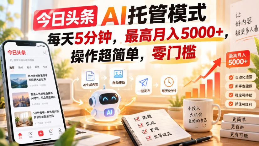 今日头条AI托管模式,每天5分钟,最高月入5000+,操作超简单,零门槛【揭秘】-聚业