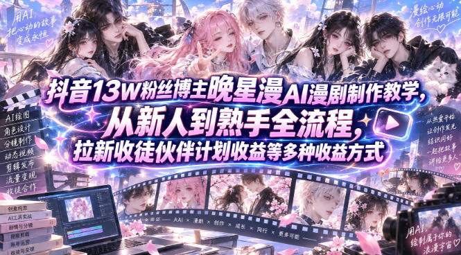 抖音13W粉丝博主晚星漫AI漫剧制作教学,从新人到熟手全流程,拉新收徒伙伴计划收益等多种收益方式,单日1K+-聚业