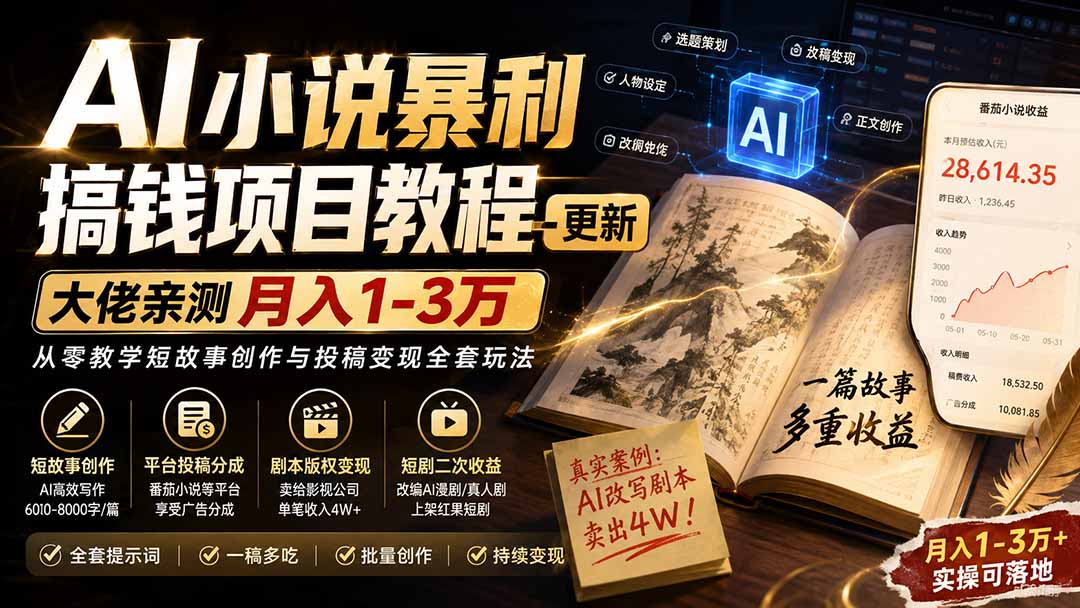 AI小说短故事暴利搞钱项目教程-更新,大佬亲测月入1-3万,从零教学短故事创作与投稿变现全套玩法-聚业