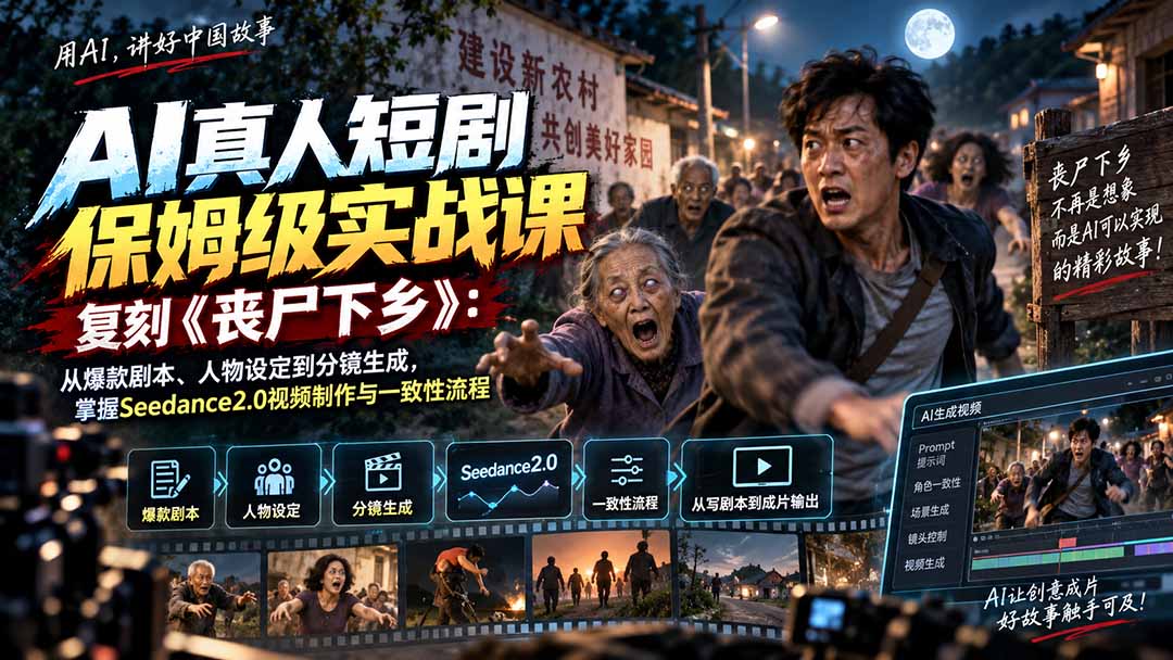 AI真人短剧保姆级实战课,复刻《丧尸下乡》:从爆款剧本、人物设定到分镜生成,掌握Seedance2.0视频制作与一致性流程-聚业