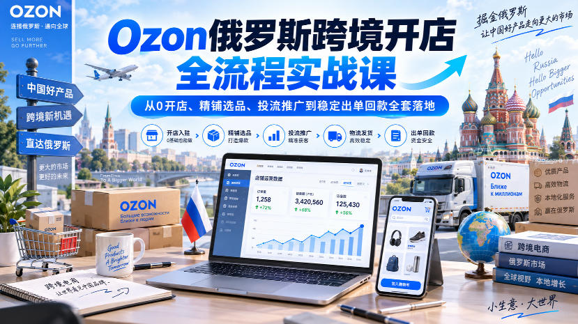 Ozon俄罗斯跨境开店全流程实战课|从0开店、精铺选品、投流推广到稳定出单回款全套落地-聚业