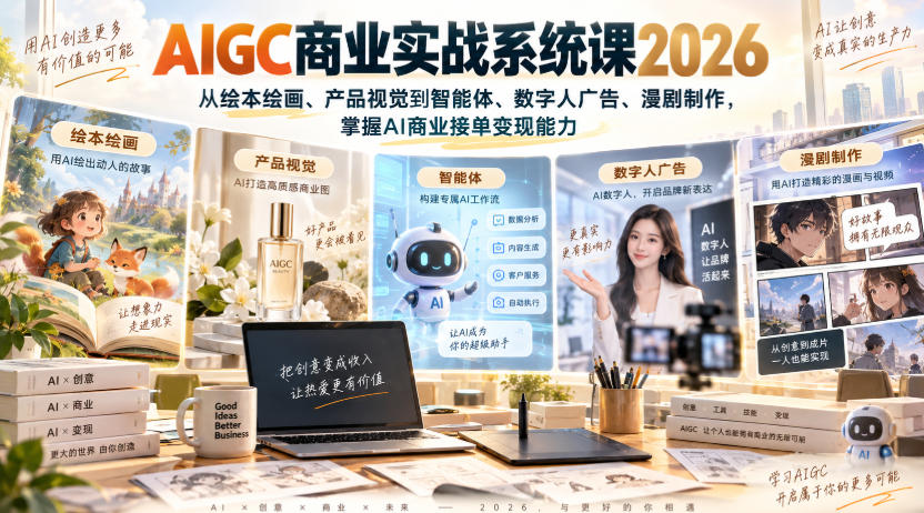 AIGC商业实战系统课2026,从绘本绘画、产品视觉到智能体、数字人广告、漫剧制作,掌握AI商业接单变现能力-聚业