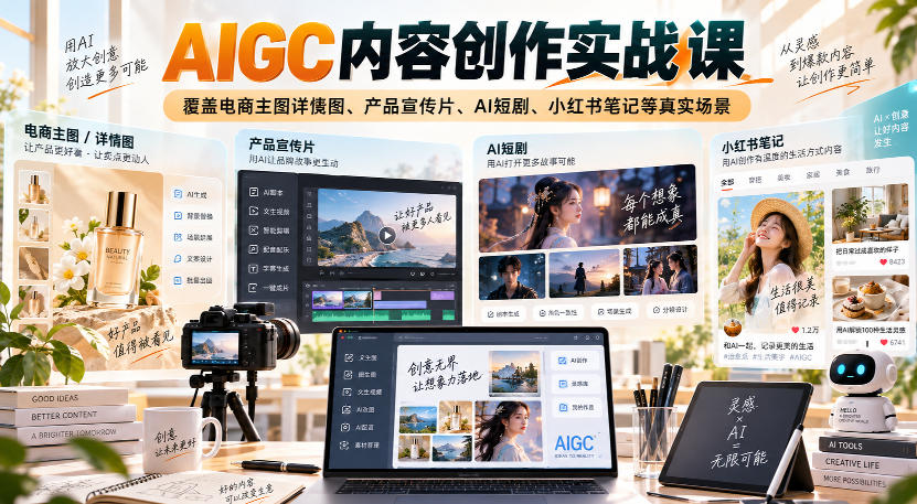 AIGC内容创作实战课,覆盖电商主图详情图、产品宣传片、AI短剧、小红书笔记等真实场景-聚业