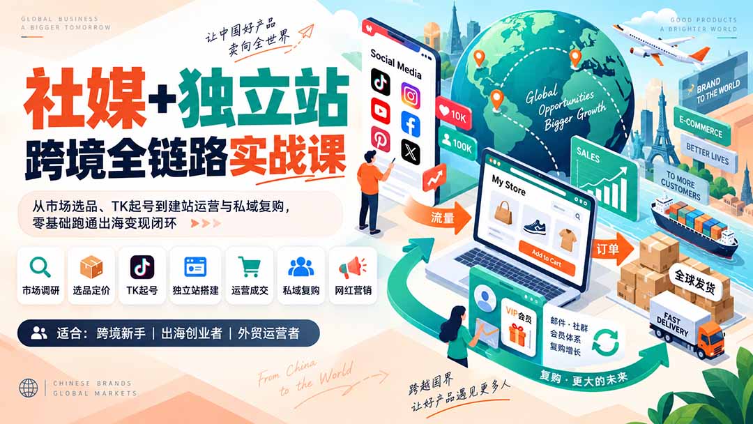 社媒+独立站跨境全链路实战课:从市场选品、TK起号到建站运营与私域复购,零基础跑通出海变现闭环-聚业
