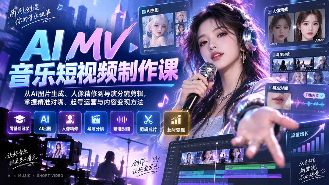 AI MV音乐短视频制作课:从AI图片生成、人像精修到导演分镜剪辑,掌握精准对嘴、起号运营与内容变现方法-聚业