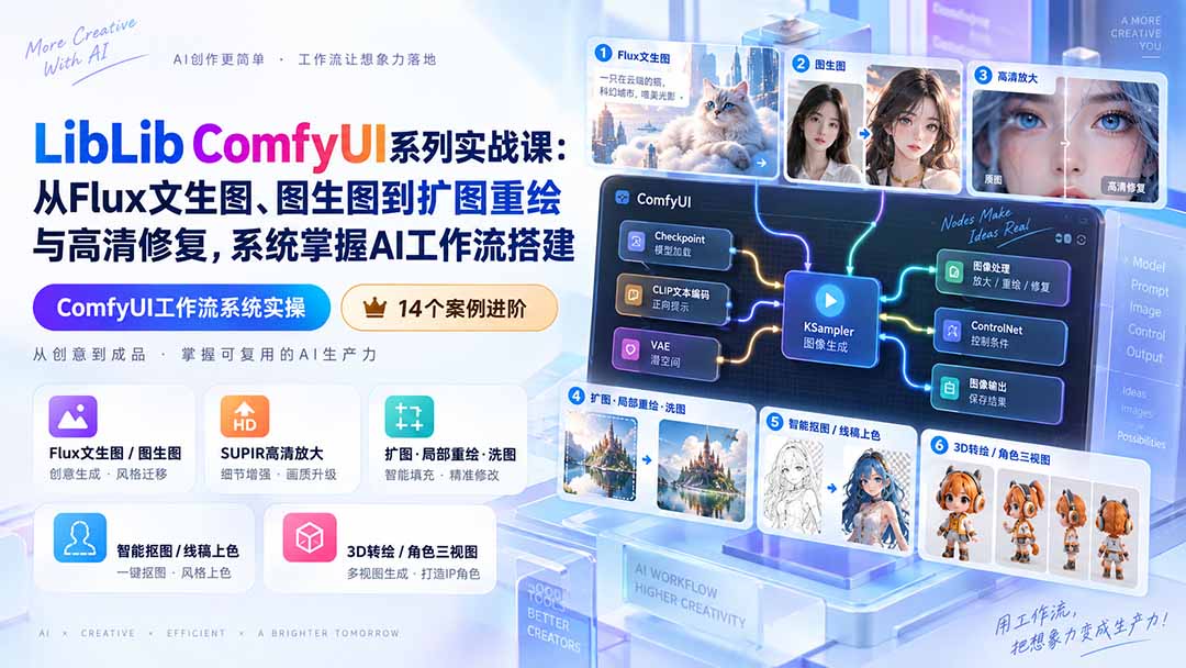 LibLib ComfyUI系列实战课:从Flux文生图、图生图到扩图重绘与高清修复,系统掌握AI工作流搭建-聚业