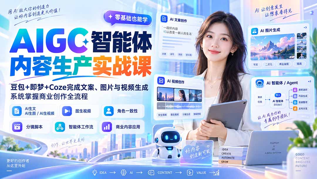 AIGC智能体内容生产实战课:豆包+即梦+Coze完成文案、图片与视频生成,系统掌握商业创作全流程-聚业