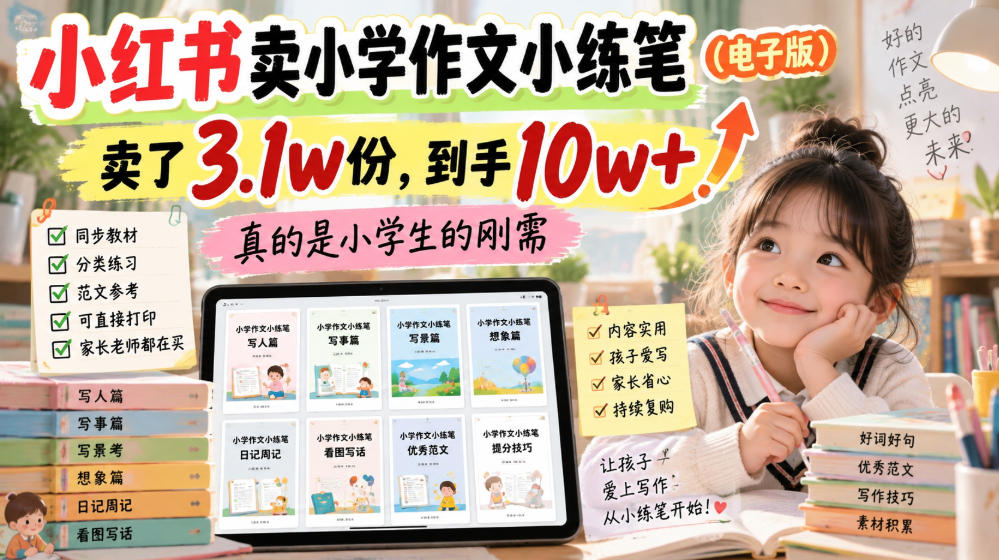 小红书卖小学作文小练笔(电子版),卖了3.1w份,到手10w+,真的是小学生的刚需-聚业