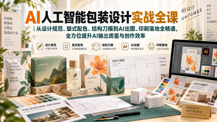 AI人工智能包装设计实战全课|从设计规范、版式配色、结构刀模到AI出图、印刷落地全精通-聚业