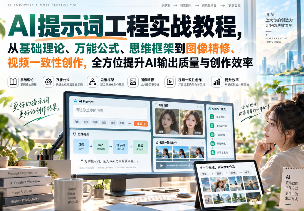 AI提示词工程实战教程,从基础理论、万能公式、思维框架到图像精修、视频一致性创作,全方位提升AI输出质量与创作效率-聚业
