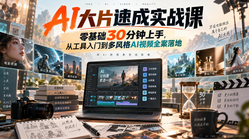 AI大片速成实战课|零基础30分钟上手,从工具入门到多风格AI视频全案落地-聚业