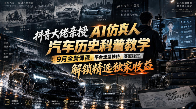 抖音大佬亲授AI仿真人汽车历史科普教学,9月全新课程,平台流量扶持,赛道稳定,解锁精选独家收益-聚业