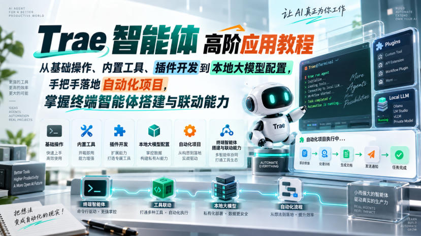Trae智能体高阶应用教程,从基础操作、内置工具、插件开发到本地大模型配置,手把手落地自动化项目-聚业