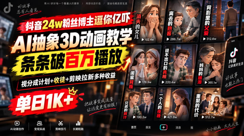 抖音24w粉丝博主逗你亿吓AI抽象3D动画教学,条条破百万播放,分成计划+收徒+剪映拉新多种收益,单日1K+-聚业