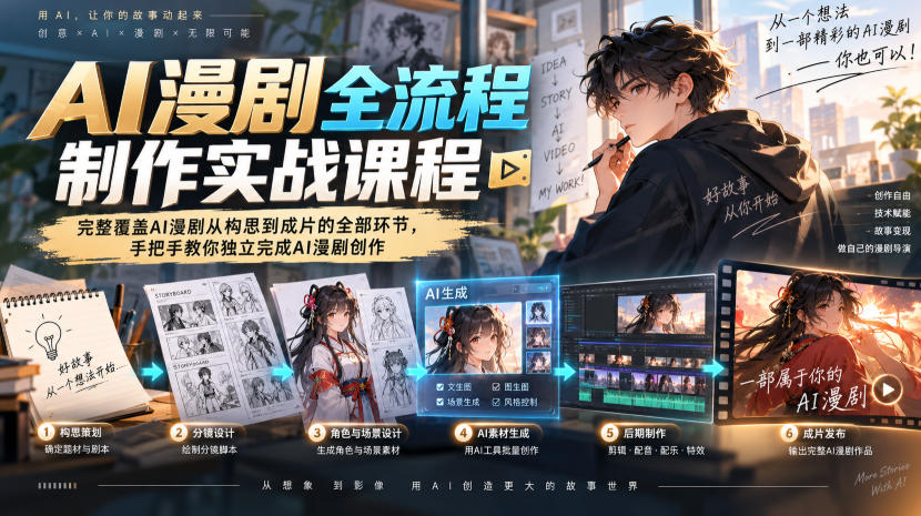 AI漫剧全流程制作实战课程,完整覆盖AI漫剧从构思到成片的全部环节,手把手教你独立完成AI漫剧创作-聚业