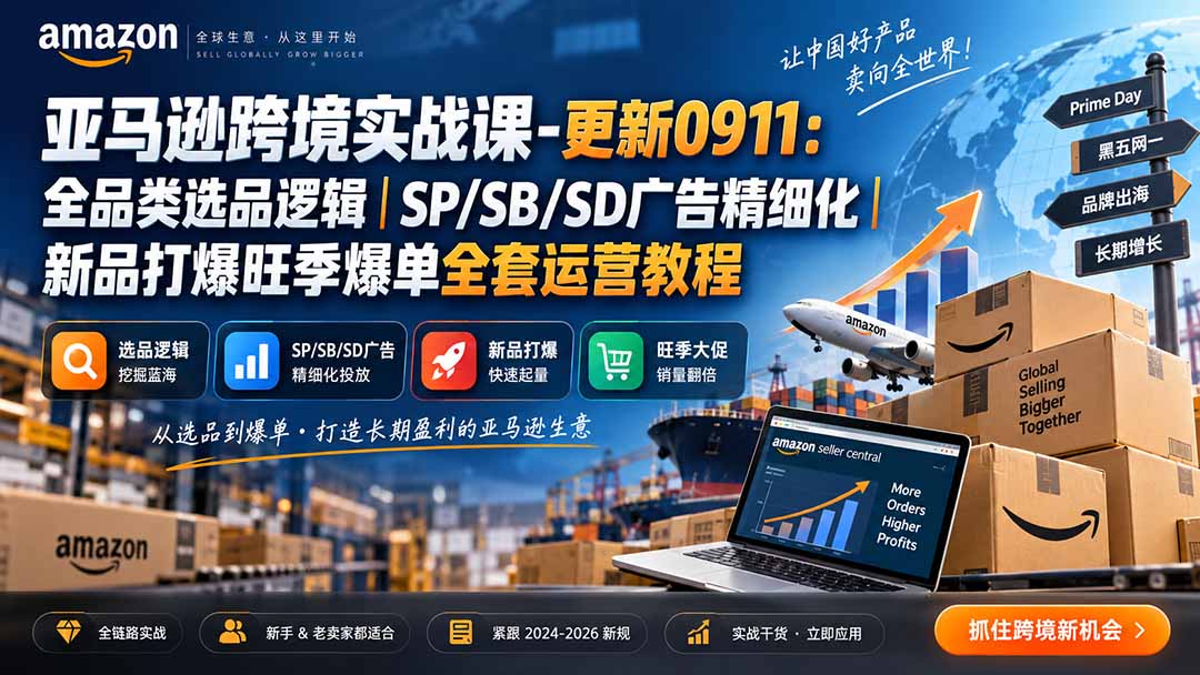 亚马逊跨境实战课-更新0911:全品类选品逻辑|SP/SB/SD广告精细化|新品打爆旺季爆单全套运营教程-聚业
