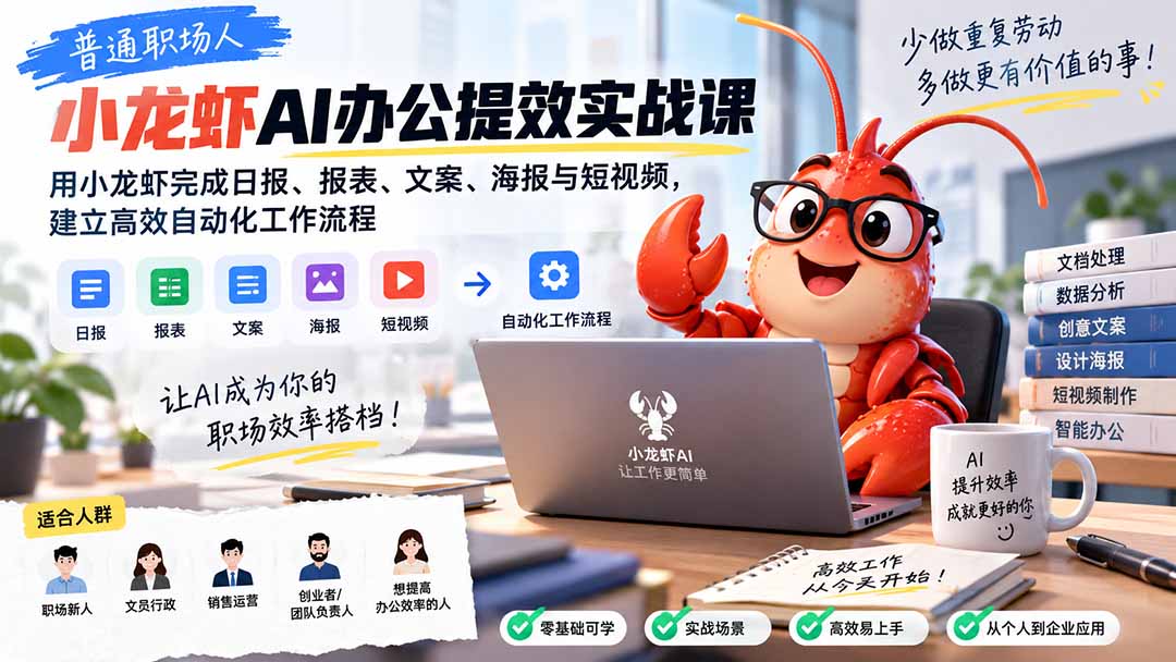 普通职场人AI办公提效实战课：用小龙虾完成日报、报表、文案、海报与短视频，建立高效自动化工作流程-聚业
