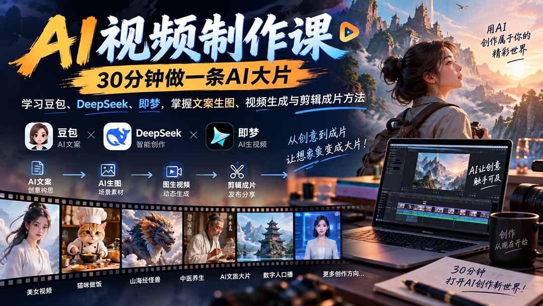 AI视频制作课-30分钟做一条AI大片：学习豆包、DeepSeek、即梦，掌握文案生图、视频生成与剪辑成片方法-聚业