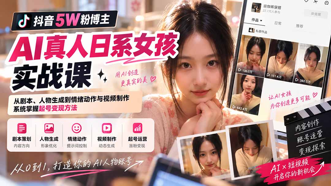 抖音5W粉博主AI真人日系女孩实战课：从剧本、人物生成到情绪动作与视频制作，系统掌握起号变现方法-聚业