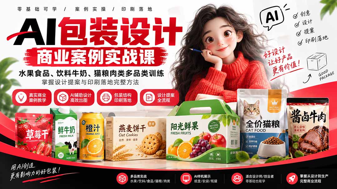 AI包装设计商业案例实战课：水果食品、饮料牛奶、猫粮肉类多品类训练，掌握设计提案与印刷落地完整方法-聚业