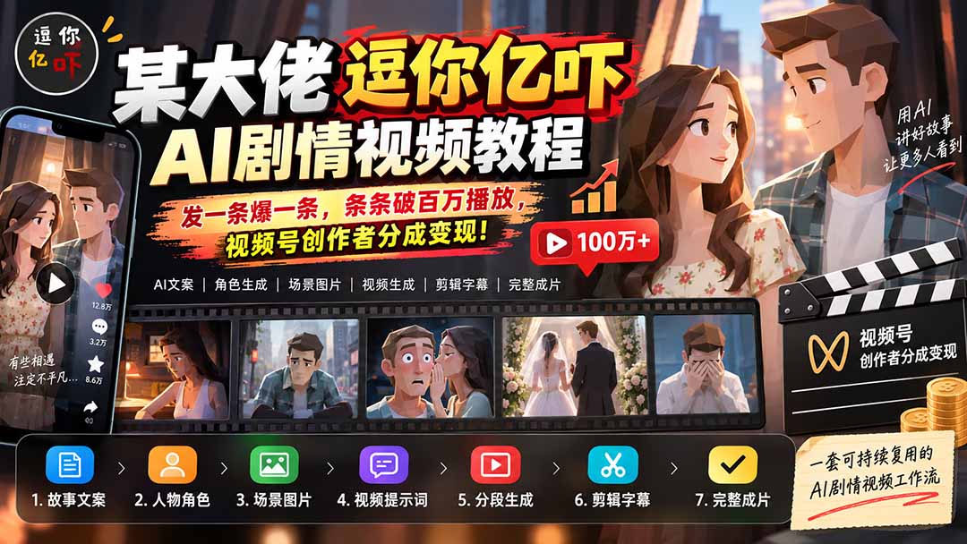 某大佬逗你亿吓AI低模剧情视频制作教程：发一条爆一条，条条破百万播放，利用视频号创作者分成变现!-聚业