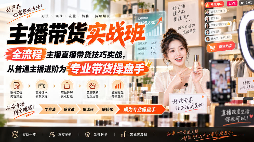 主播带货实战班ZB，全流程主播直播带货技巧实战，从普通主播进阶为专业带货操盘手-聚业