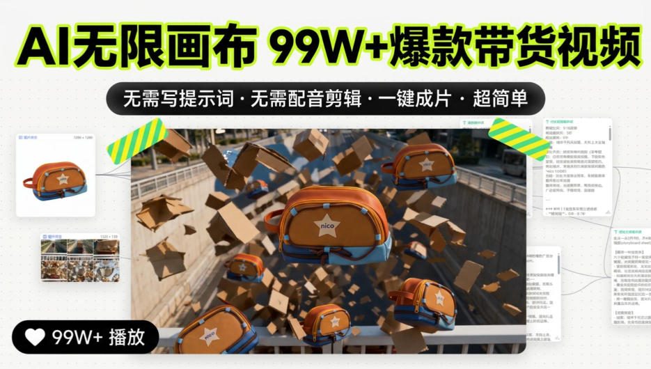 AI无限画布99W+爆款带货视频，无需写提示词·无需配音剪辑·一键成片·超简单-聚业