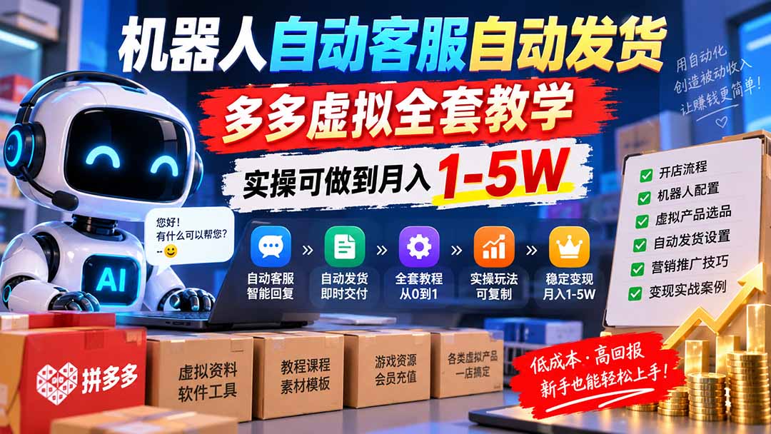 机器人自动客服自动发货，多多虚拟全套教学，实操可做到月入 1-5W-聚业