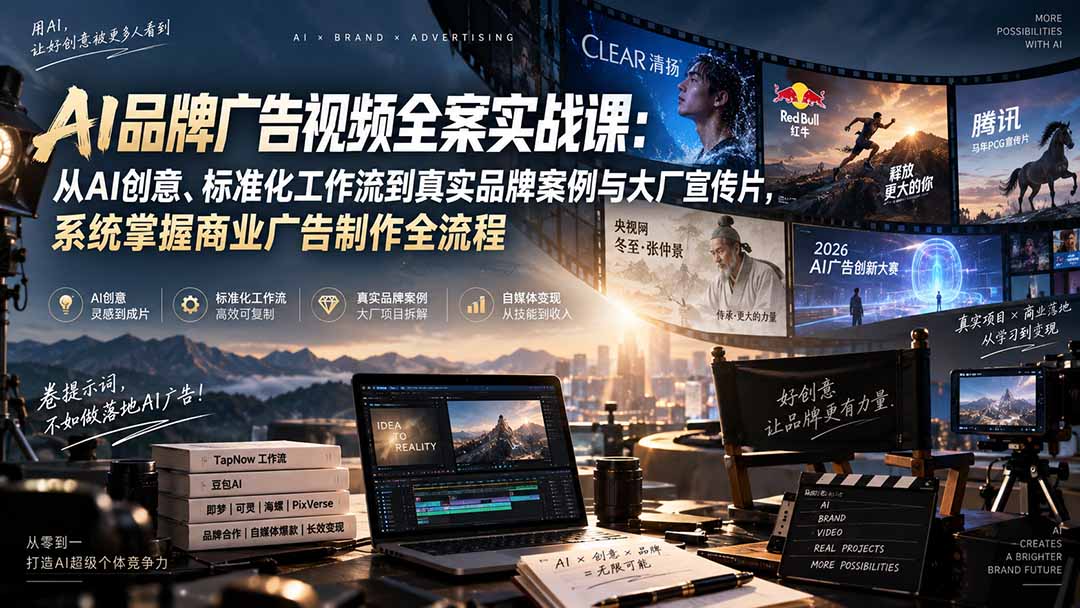 AI品牌广告视频全案实战课：从AI创意、标准化工作流到真实品牌案例与大厂宣传片，系统掌握商业广告制作全流程-聚业