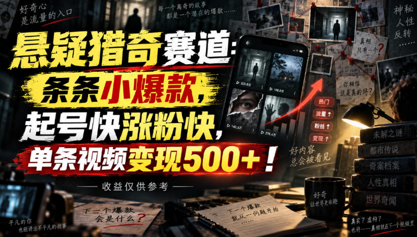 悬疑猎奇赛道：条条小爆款，起号快涨粉快，单条视频变现500+！收益仅供参考-聚业