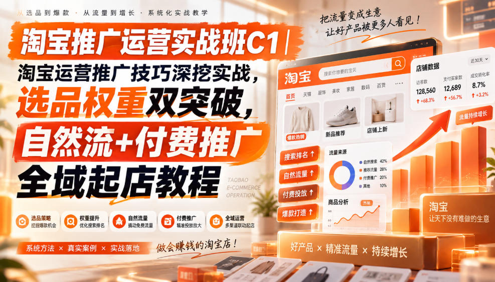 淘宝推广运营实战班C1｜淘宝运营推广技巧深挖实战，选品权重双突破，自然流+付费推广全域起店教程-聚业