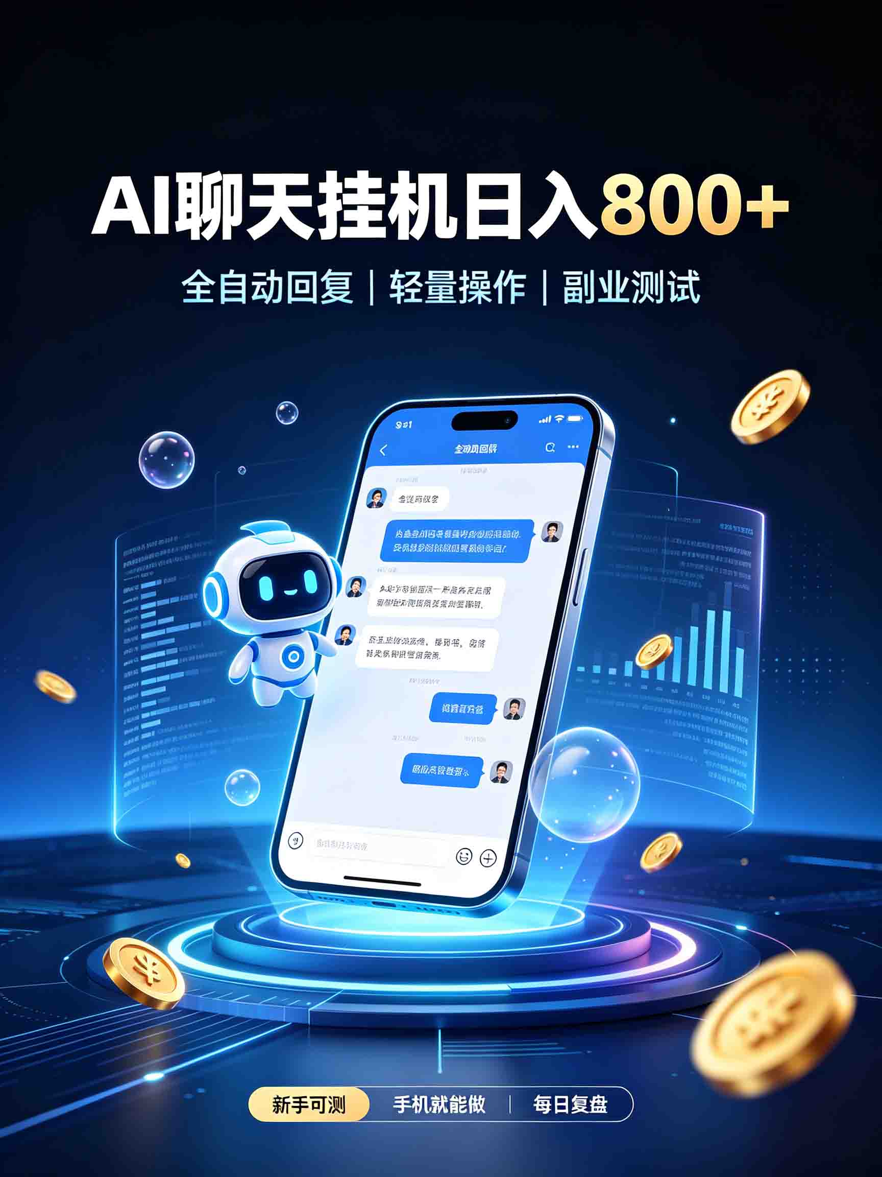 AI聊天挂机，日入800+，适用个人副业，工作室矩阵操作-聚业