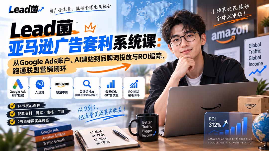 Lead菌亚马逊广告套利系统课：从Google Ads账户、AI建站到品牌词投放与ROI追踪，跑通联盟营销闭环-聚业