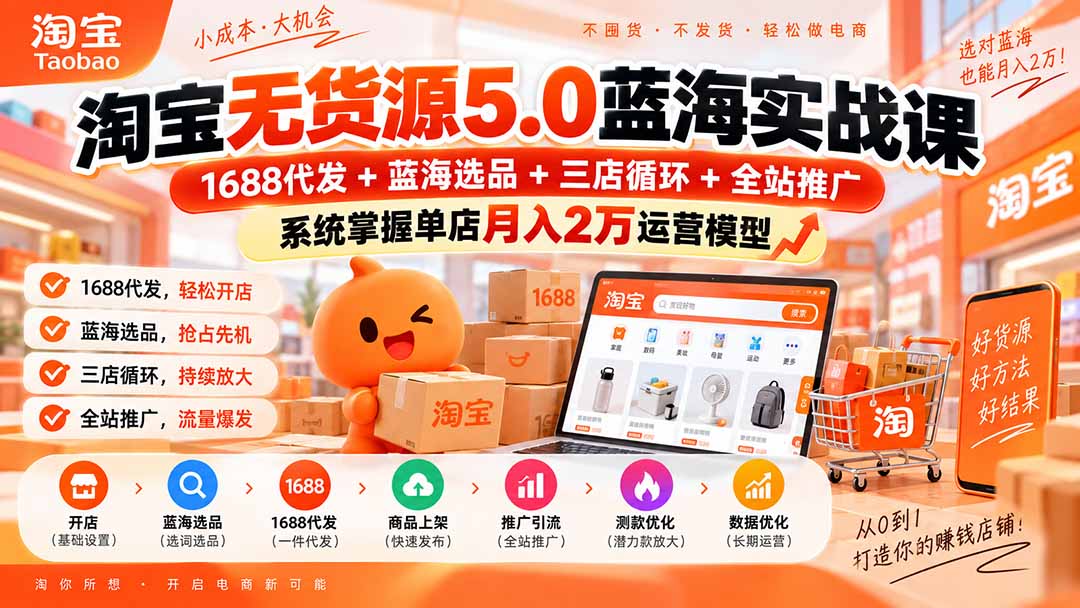 淘宝无货源5.0蓝海实战课-更新：1688代发+蓝海选品+三店循环+全站推广，系统掌握单店月入2万运营模型-聚业