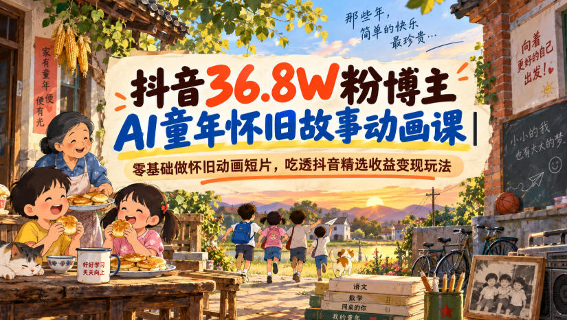 抖音36.8W粉博主AI童年怀旧故事动画课｜零基础做怀旧动画短片，吃透抖音精选收益变现玩法-聚业