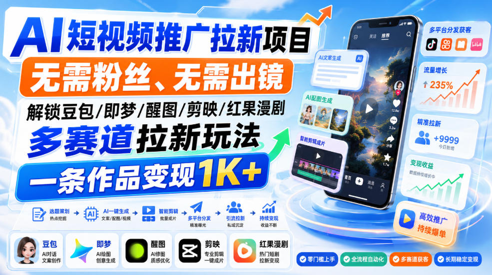 AI短视频推广拉新项目，无需粉丝、无需出镜，解锁豆包/即梦/醒图/剪映/红果漫剧多赛道拉新玩法，一条作品变现1K+(更新0910)-聚业