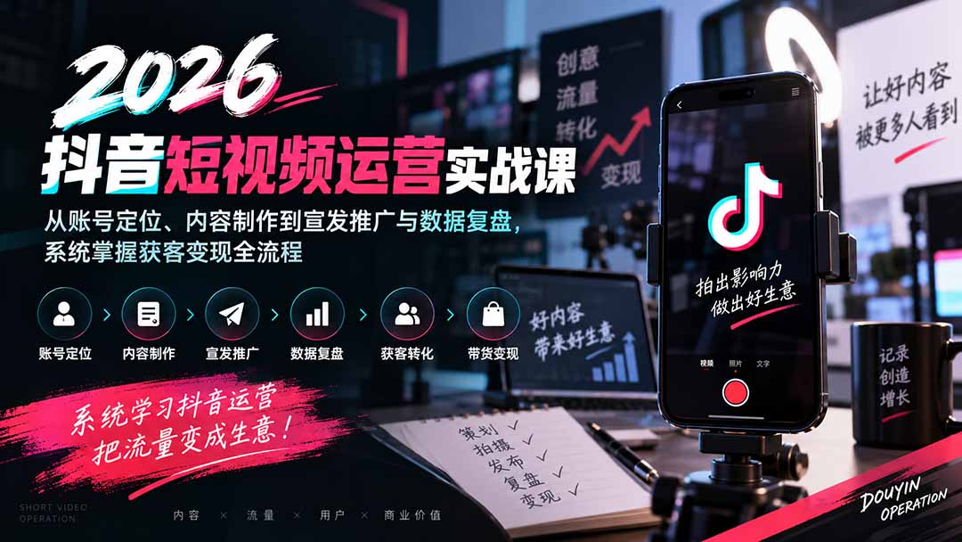 2026抖音短视频运营实战课：从账号定位、内容制作到宣发推广与数据复盘，系统掌握获客变现全流程-聚业