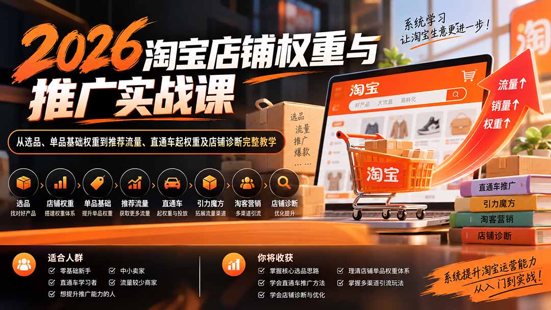 2026淘宝店铺权重与推广实战课：从选品、单品基础权重到推荐流量、直通车起权重及店铺诊断完整教学-聚业