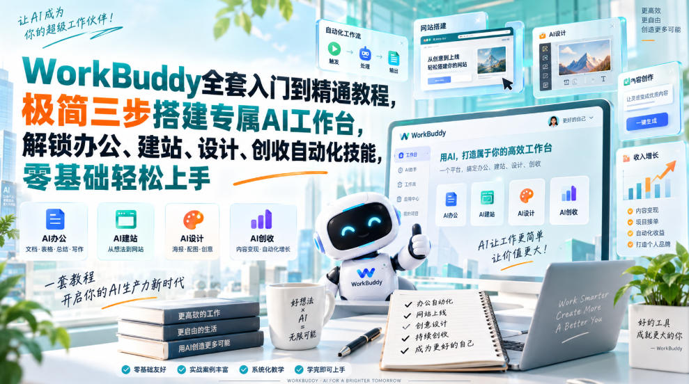 WorkBuddy全套入门到精通教程，极简三步搭建专属AI工作台，解锁办公、建站、设计、创收自动化技能，零基础轻松上手-聚业
